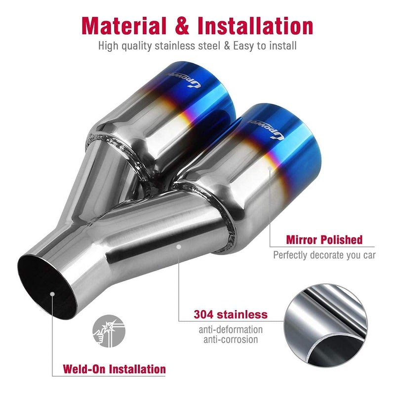 Upower Dual Exhaust Tip 2.5 Inch Inlet 3.5 Inch Outlet 2.5" to 3.5" Diesel Exhaust Tailpipe Blue Burnt 304 Polished Stainless Steel 10.5" Long Weld-on Exhaust Tail Pipe Pack of 2 - Image 5